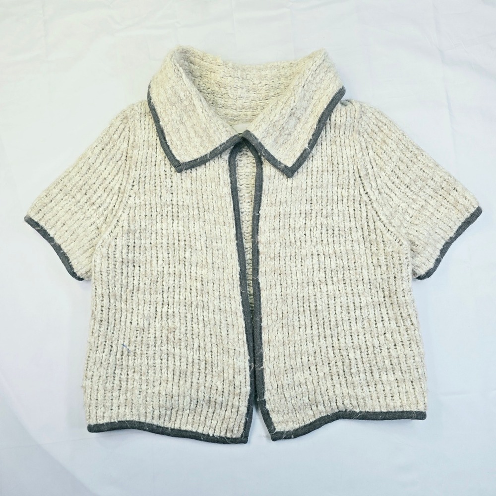 Loft Women XS Short Sleeve Open Front Cardigan Cream Grey Chunky Knit Cropped